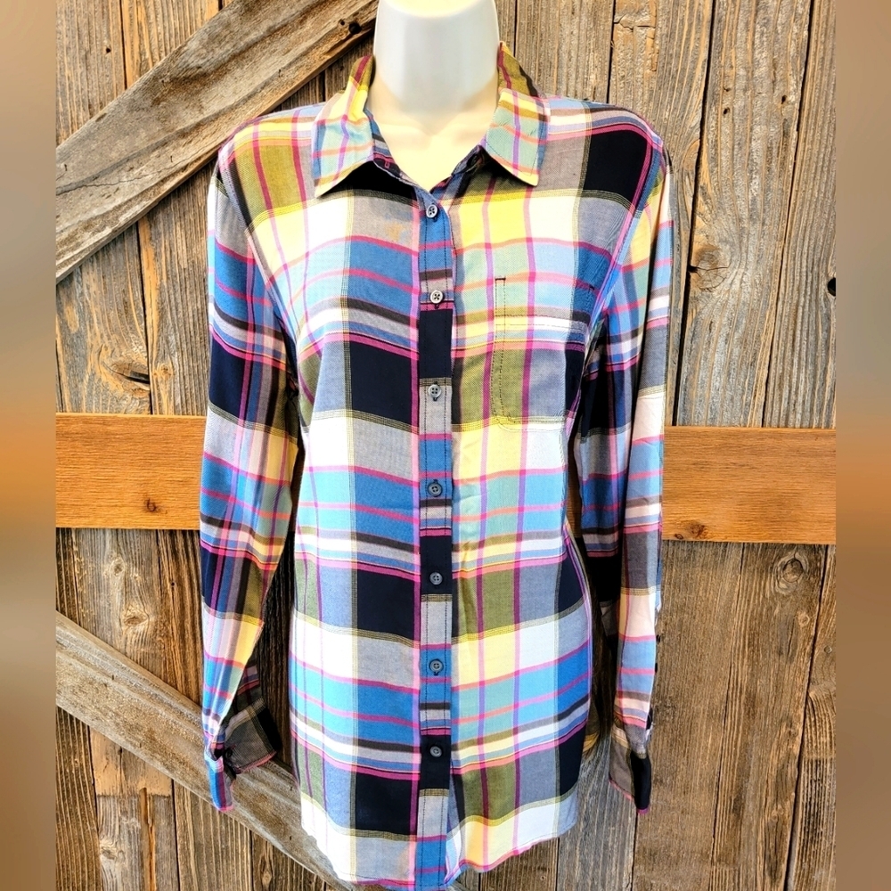 Women's Talbots Bright Plaid Long Sleeve Split Back Button Up Sz M EUC Rayon ^